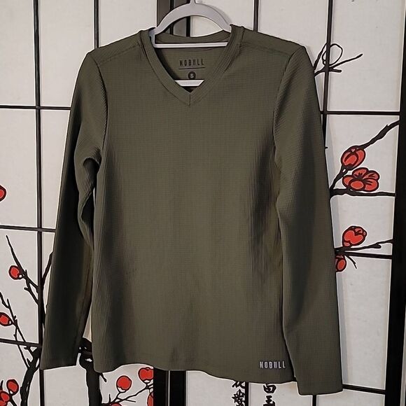 NOBULL Waffle Knit Long Sleeve Olive Army Green Small V Neck - Picture 2 of 8